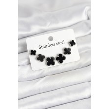 316L Çelik Gümüş Siyah Renk 3 Boy Yonca Küpe Seti - Lisinya