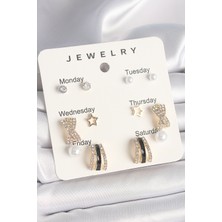 Pirinç Gold Renk Zirkon Taş Yıldız Detaylı Incili 7'li Set Kadın Küpe Seti - Lisinya