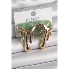 Pirinç Gold Renk Yeşil Sedefli Akan Kalp Model Kadın Küpe - Lisinya