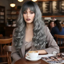 Pileli Store Dalgalı Perçemli Uzun Fiber Sentetik Peruk - Siyah / Gri Ombreli