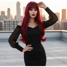 Pileli Store Kahküllü Uzun Dalgalı Fiber Sentetik Peruk - Kızıl