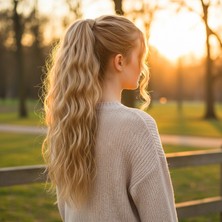 Pileli Store Bağlamalı Kabarık Dalgalı At Kuyruğu - Karamel Platin Röfleli