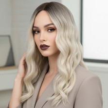 Pileli Store Dalgalı Perçemli Fiber Sentetik Orta Boy Peruk - Kahverengi / Beyaz Platin Ombreli