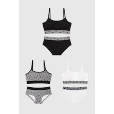 Baykar Genç Kız Pamuklu Desenli Ince Ip Askılı Büstiyer Bikini Külot Takımı 3lü Paket 7600 Renkli