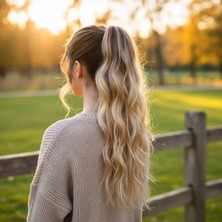 Pileli Store Bağlamalı Kabarık Dalgalı At Kuyruğu - Kahve / Bal Köpüğü Ombre ve Platin Işıltılı