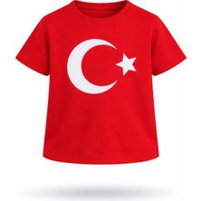 Herşey Nota Kız Çocuk Ay Yıldız Desenli Kırmızı Tişört Okul Bayram Etkinlik 3-14 Yaş