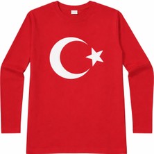 Herşey Nota Ay Yıldız Baskılı Uzun Kollu Kırmızı Çocuk Tişört – 23 Nisan Okul Gösterisi 3-14 Yaş