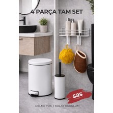 Sas Haus 4 Parça Banyo Aksesuar Seti Yapışkanlı Duvar Rafı 5 Lt Çöp Kovası Tuvalet Fırça Beyaz Titan 7104