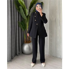 Molly Nelly Kadın Gold Asimetrik Düğmeli Ceketli Kemerli Şık Takım