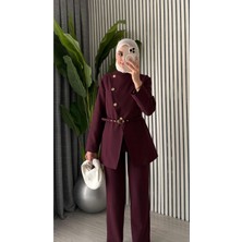 Molly Nelly Kadın Gold Asimetrik Düğmeli Ceketli Kemerli Şık Takım