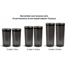 Karma 6 Adet Siyah Borosilikat Cam Bakliyat Kavanozu – Cam Kapaklı - 3 Farklı Boy (1.8 L / 1.4 L / 1 L)