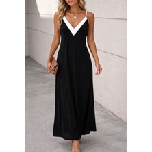 Flamex Kadın Ip Askılı Keskin V Yakalı Uzun Viskon Elbise