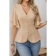 Livizmir Moda Kadın Kısa Kollu Önden Düğmeli Ithal Krep Bluz