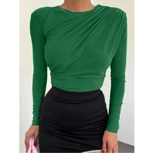 Moda Morfo Omuzu Pileli Yanı Büzgülü Sandy Bluz      -Orman Yş.