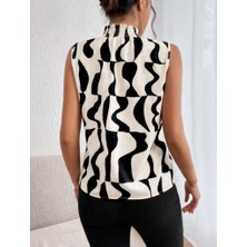 Livizmir Moda Kadın Kolsuz Balıkçı Yaka Desenli Süprem Bluz