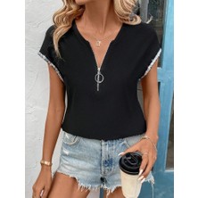 Livizmir Moda Kadın Kısa Kollu Önden Fermuarlı Kol Ucu Işıltılı Viskon Bluz