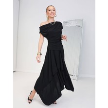 Qimya Butik Buketli Kadın Kolsuz Degaje Yaka Blüz ve Asimetrik Etekli Sandy Kumaş Alt Üst Ikili Takım