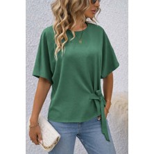 Livizmir Moda Kadın Kısa Kollu Bisiklet Yaka Yandan Bağcıklı Aerobin Bluz