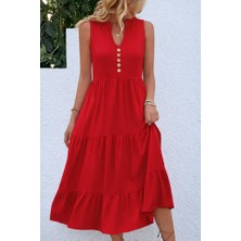 Livizmir Moda Kadın Askılı V Yakalı Önden Düğmeli Midi Viskon Elbise