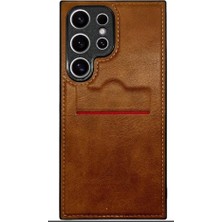 Desingshop Samsung Galaxy S24 Ultra Için Deri Telefon Kılıfı, Kartlıklı, Kahverengi