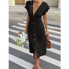 Livizmir Moda Kadın Kısa Kollu V Yakalı Önden Düğmeli Bürümcük Midi Elbise
