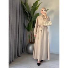 Molly Nelly Kadın Şal Yaka Detayı Uzun Yazlık Bej Elbise