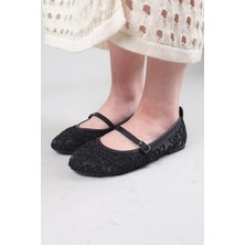 Birikon Curi Sargı Ip Desenli Saten Babet Siyah