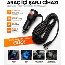 Mpia Type-C Araç Şarj Kablosu 12V/24V 5V 3A Hızlı Şarj 3.4 Metre Kablo Telefon, Tablet ve Araç Içi Kamera Uyumlu