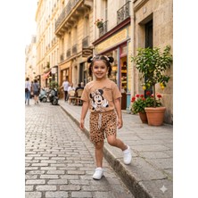Bubiee Baby Kız Çocuk Camel Leopar Minnie Mouse Desenli Şortlu Tişört Takım Ikili Set