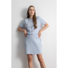 Shophia Gold Düğmeli Triko Etek Bluz Takım