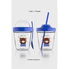 Renga Mila Happy Boy Ayıcık Desenli Tritan Çocuk Seti Pipetli Kapak ve Müsli Kapak 712009 Mavi