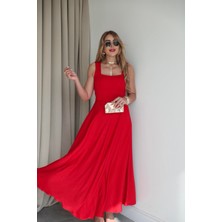 Qimya Butik Buketli Kadın Belisabit Kuşaklı Kare Yaka Kalın Askılı Uzun Elbise