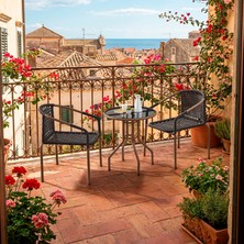 EVDEMO Bistro 2 Kişilik  Makrome Örgü Bahçe Balkon Oturma Seti Cam Masalı Kahve