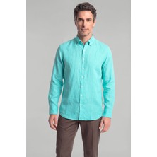Bisse Regular Fit Paşa Yaka Cepsiz Sedef Düğmeli Açık Yeşil Erkek Gömlek GMKTN250011_D46
