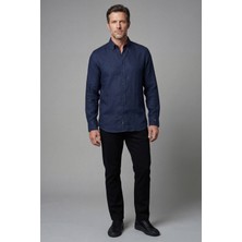 Bisse Regular Fit Paşa Yaka Cepsiz Sedef Düğmeli Indigo Erkek Gömlek GMKTN250011_D66