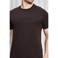 Jeuss Erkek Viscon Lina Likralı Kumaş Bisiklet Yaka Kahverengi Tshirt