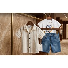 Kidzes Erkek Çocuk Müslin Gömlek,yumuşak Kot Şort, Pamuklu Beyaz Tişört 3'lü Takım