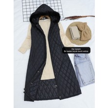 Moda Morfo Çıkma Kapşonlu Kapitone Uzun Yelek -Siyah