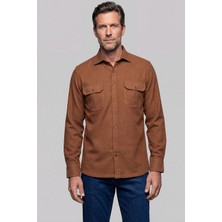 Bisse Modern Fit Paşa Yaka Çift Cepli Flanel Hardal Erkek Gömlek GMFLN0322300212_D19