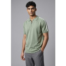 Jeus Erkek Yakalı Fermuarlı Triko Yeşil Tshirt