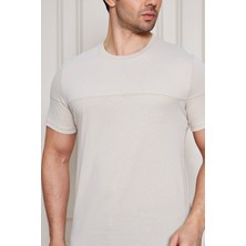 Jeuss Erkek Viscon Lina Likralı Kumaş Bisiklet Yaka Bej Tshirt