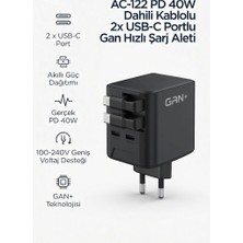 GUNKES AC-122 40W Pd Gan Hızlı Şarj Aleti Usb-C ve Lightning Dahili Kablolu Çift Usb-C Çıkışlı Kompakt ve Yüksek Hızlı Şarj Çözümü