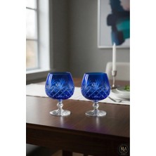 Kristal Market El Yapımı İkili Kristal Bohemia Mavi Dekoratif Sunumluk Ayaklı Kadeh Kahve Yanı Su Bardağı