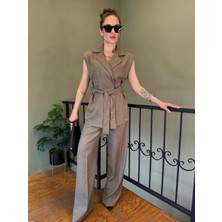 Ali Butik Haki Keten Kuşak Detaylı Yelekli Takım