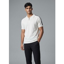 Jeus Erkek Yakalı Fermuarlı Triko Krem Tshirt