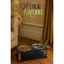 Reyo Ok-Ay Store Veynor Modern Ahşap Demonte Kedi Köpek Mama Standı 2'li Paslanmaz Çelik Kaseli Mama ve Su Standı Siyah