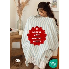 Zeypba Mavi Çizgili 4 Katlı Müslin Emzirme Örtüsü & Müslin Puset Örtüsü Müslin Örtü Püsküllü