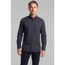 Bisse Modern Fit Paşa Yaka Düğmeli Çizgili Pamuk Siyah Erkek Gömlek GMCZG1722300201_D99