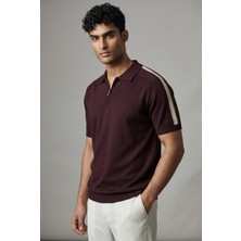Jeus Erkek Yakalı Fermuarlı Triko Bordo Tshirt