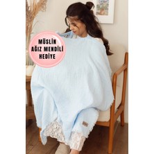 Zeypba %100 Pamuk 4 Katlı Müslin Emzirme Örtüsü & Puset Örtüsü Püsküllü 85X110CM Bebe Mavi
